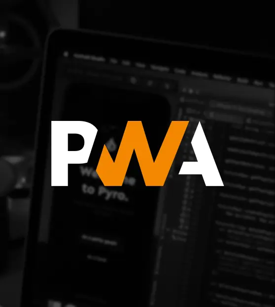 PWA logo over a blurred computer screen