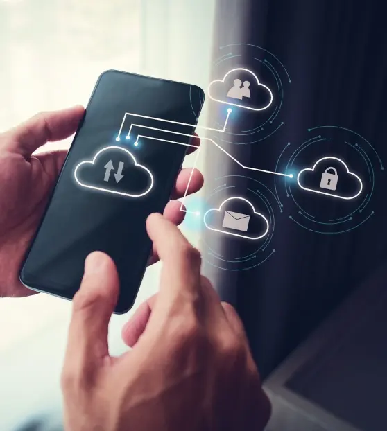 Hands holding a smartphone with cloud icons