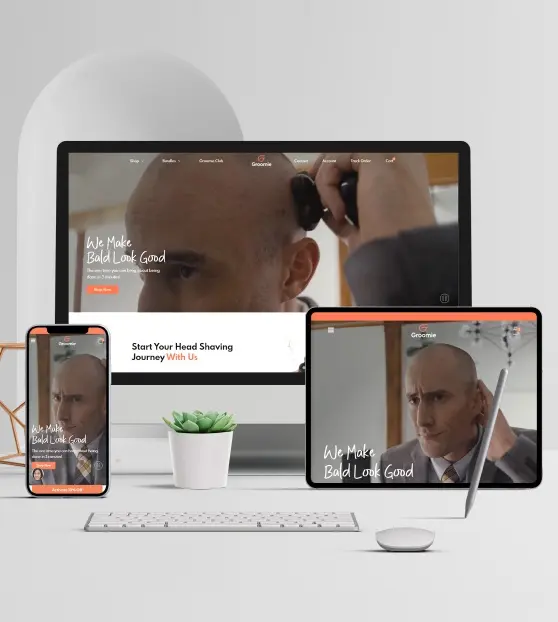 Man shaving head shown on various devices