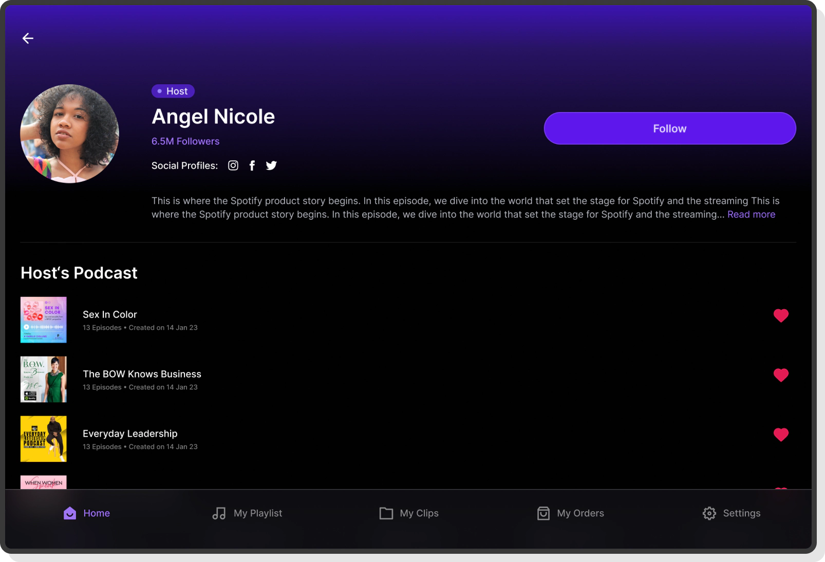 Alive Podcast mobile app screens showing playlists, trim, and host views