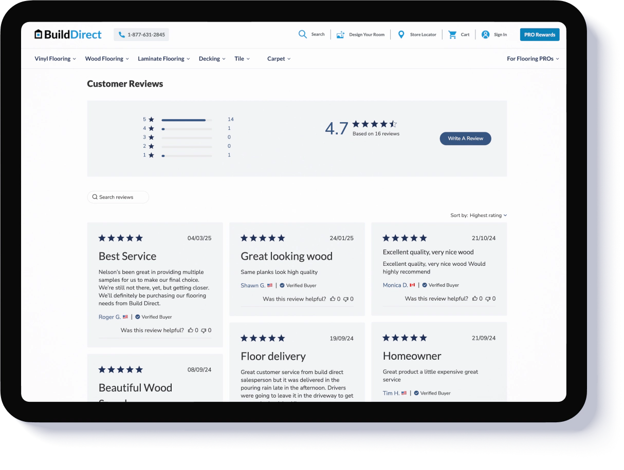 builddirect feature set showing trustpilot reviews and options