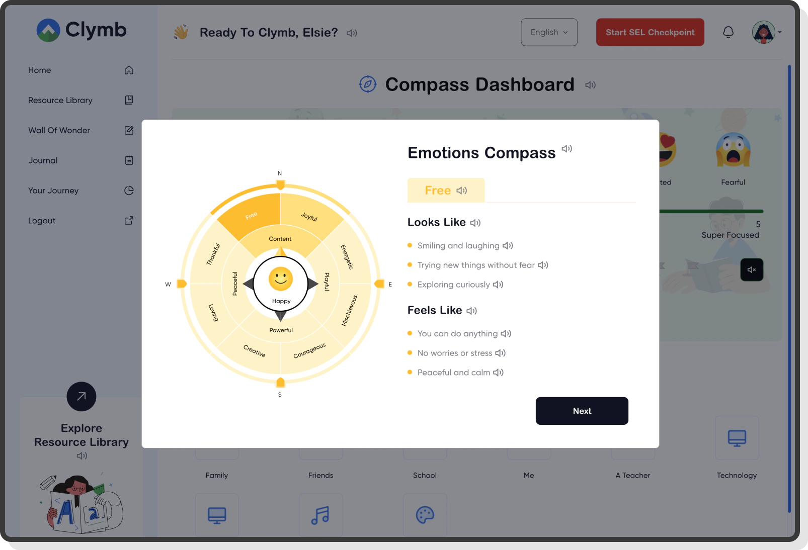 Clymb child profile showing emotional progress and growth