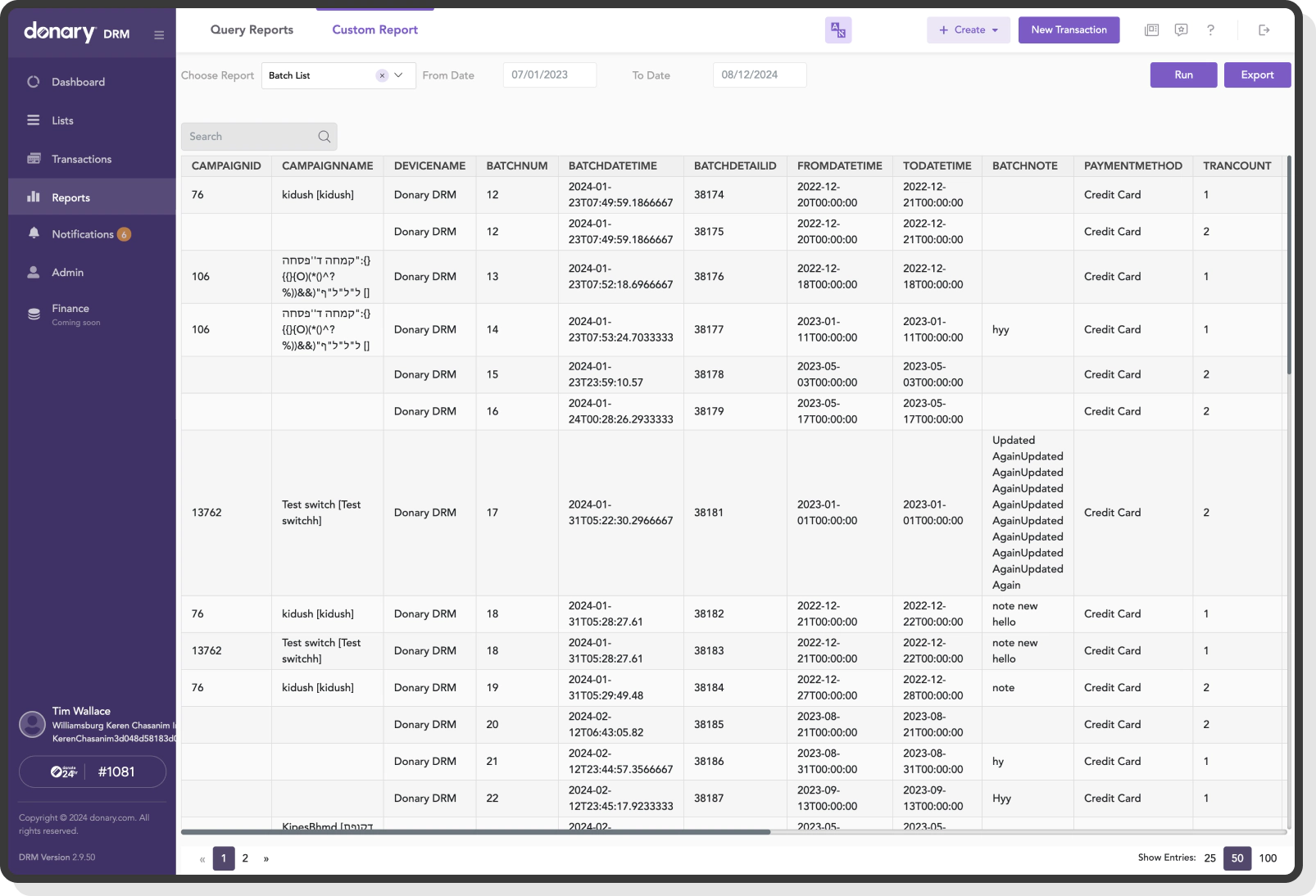 Donary fintech platform batch report showing campaign records and payment data