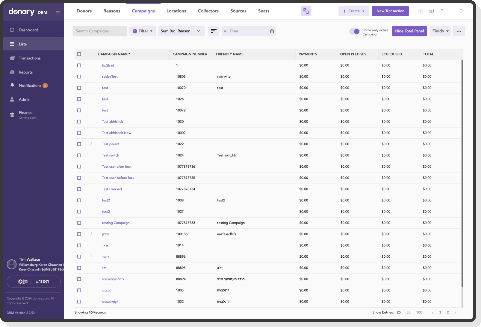 campaign records with names numbers and payments view