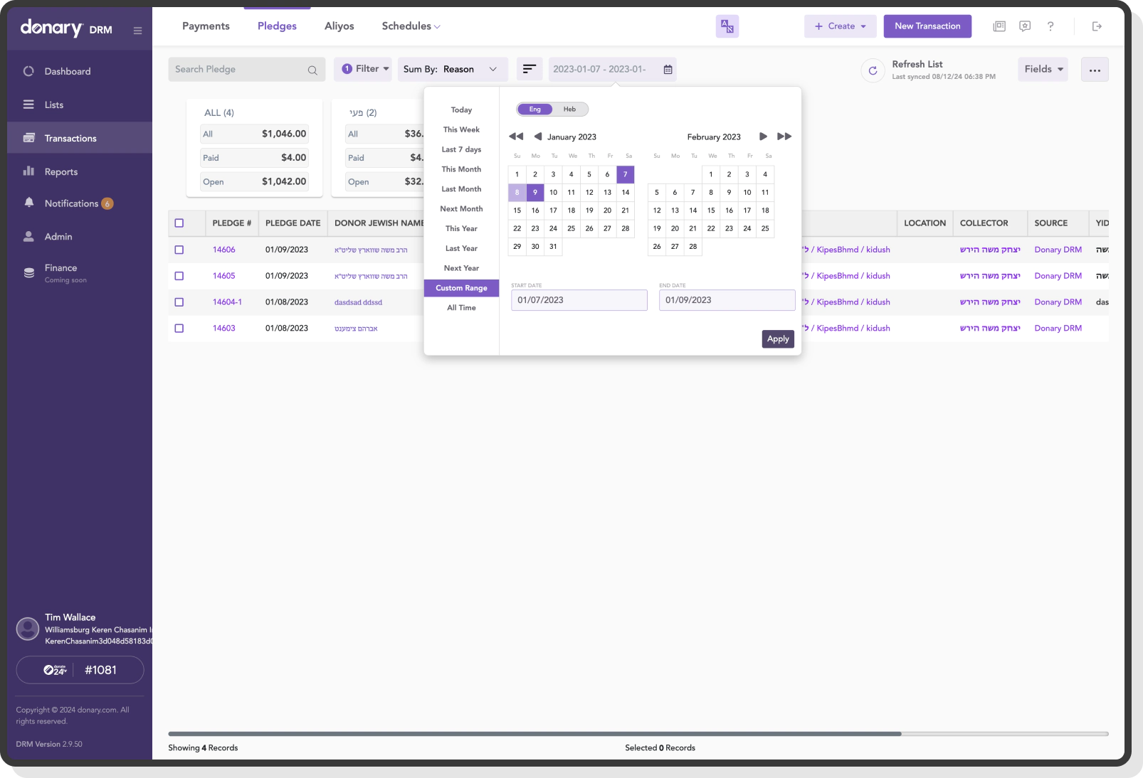 Custom date range selection for viewing filtered pledge records