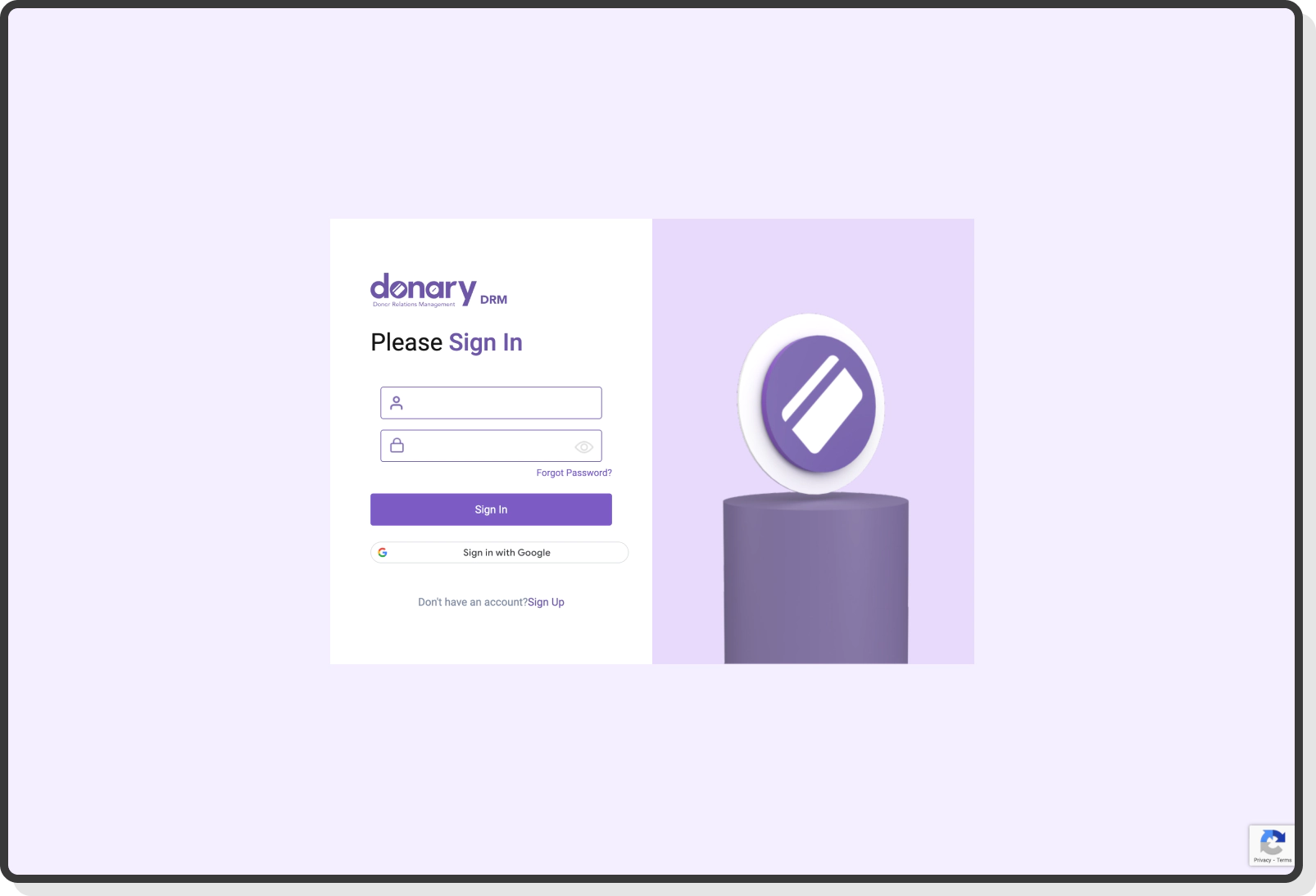 Donary fintech solution login view with email password and Google sign-in option