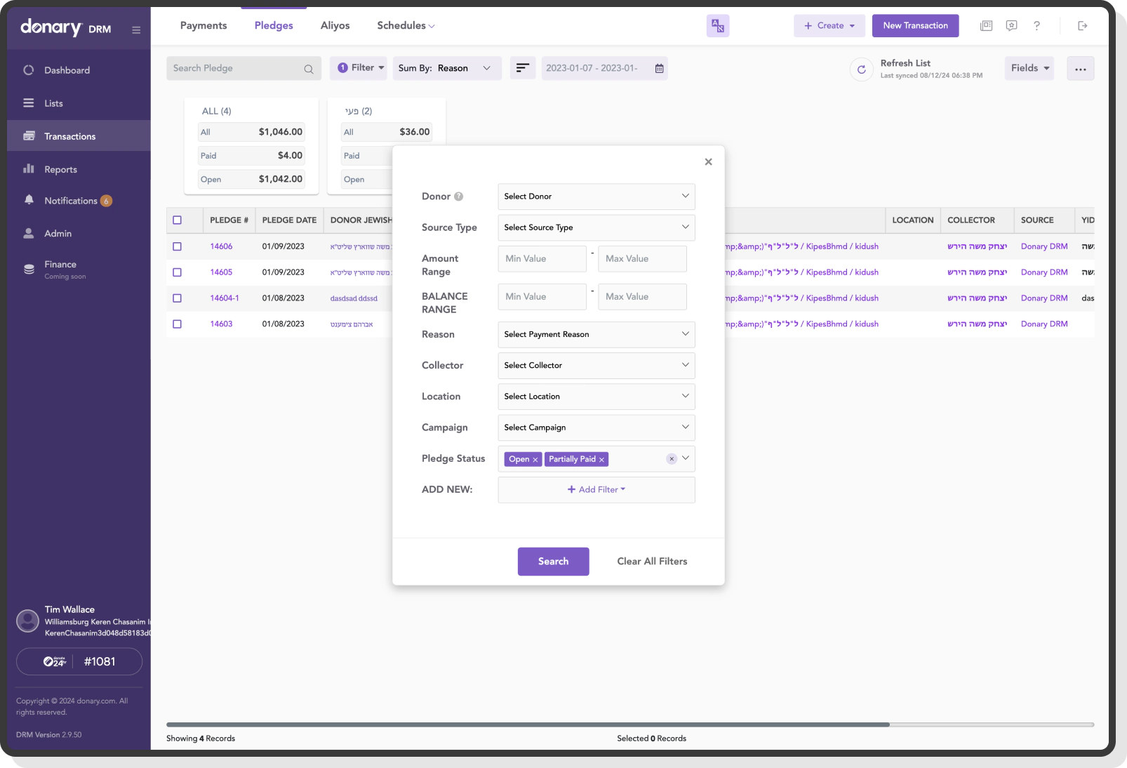 Filter pledges by donor, campaign, amount, and payment status