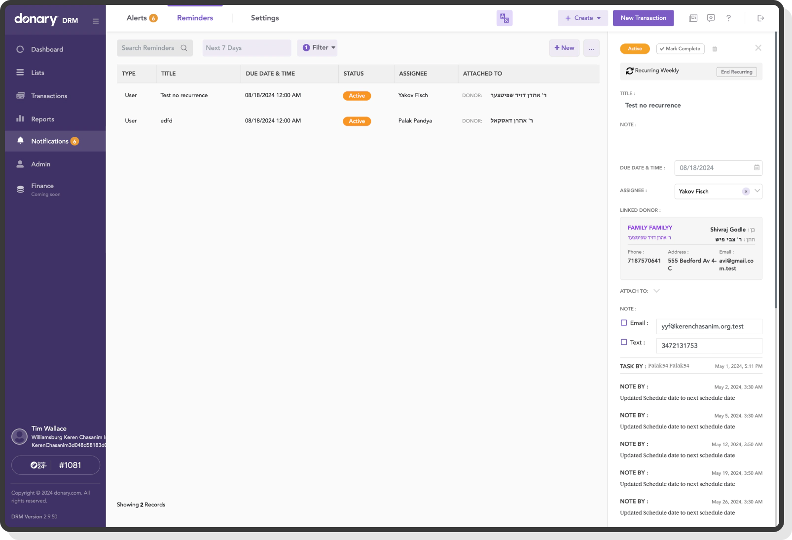 Donary web app reminders view with task assignments and donor linkage