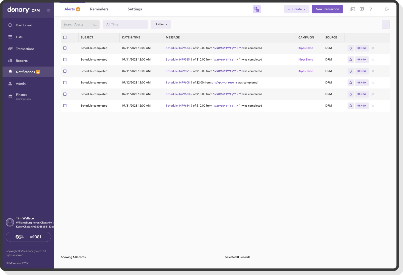 Donary DRM alert view showing schedule completion notifications