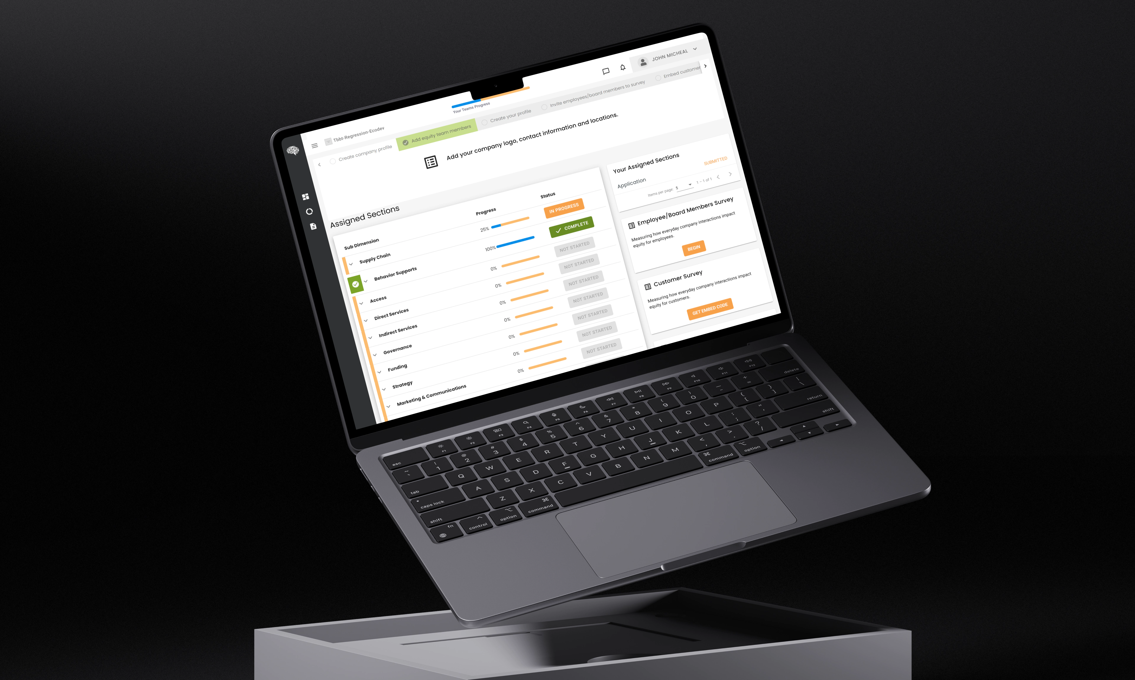 equity assessment dashboard with survey and section progress