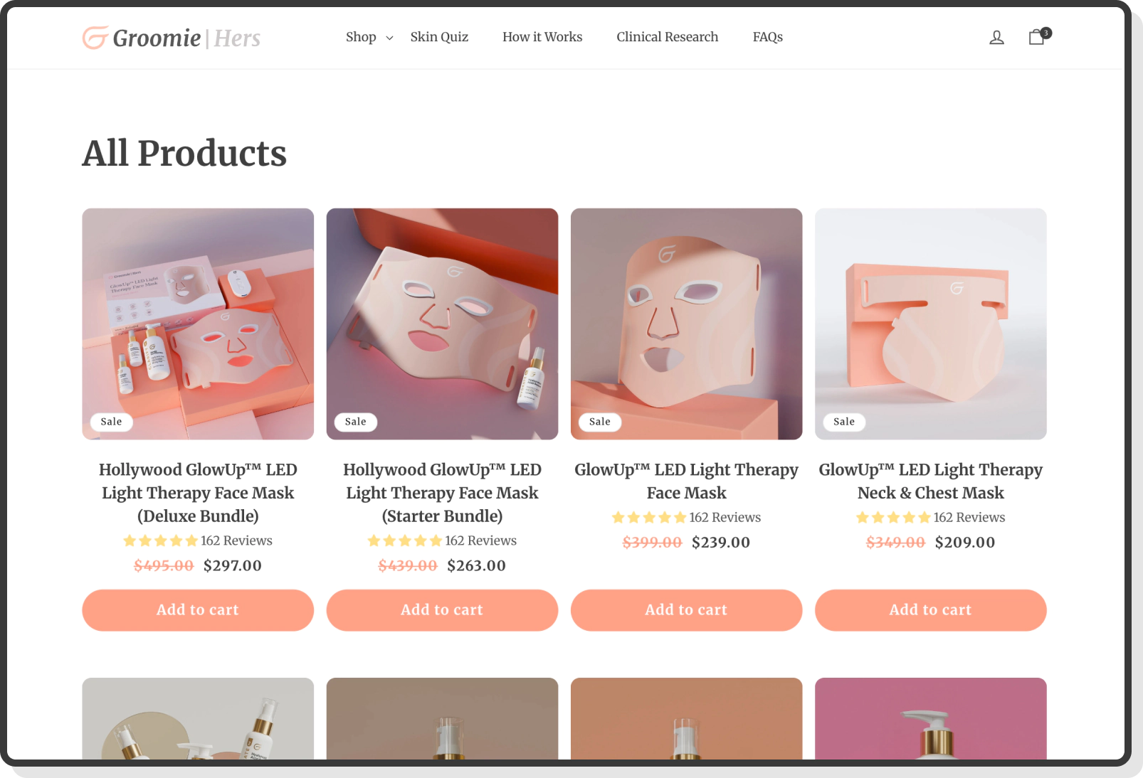 Groomie Hers LED therapy mask product listings with reviews and add to cart options