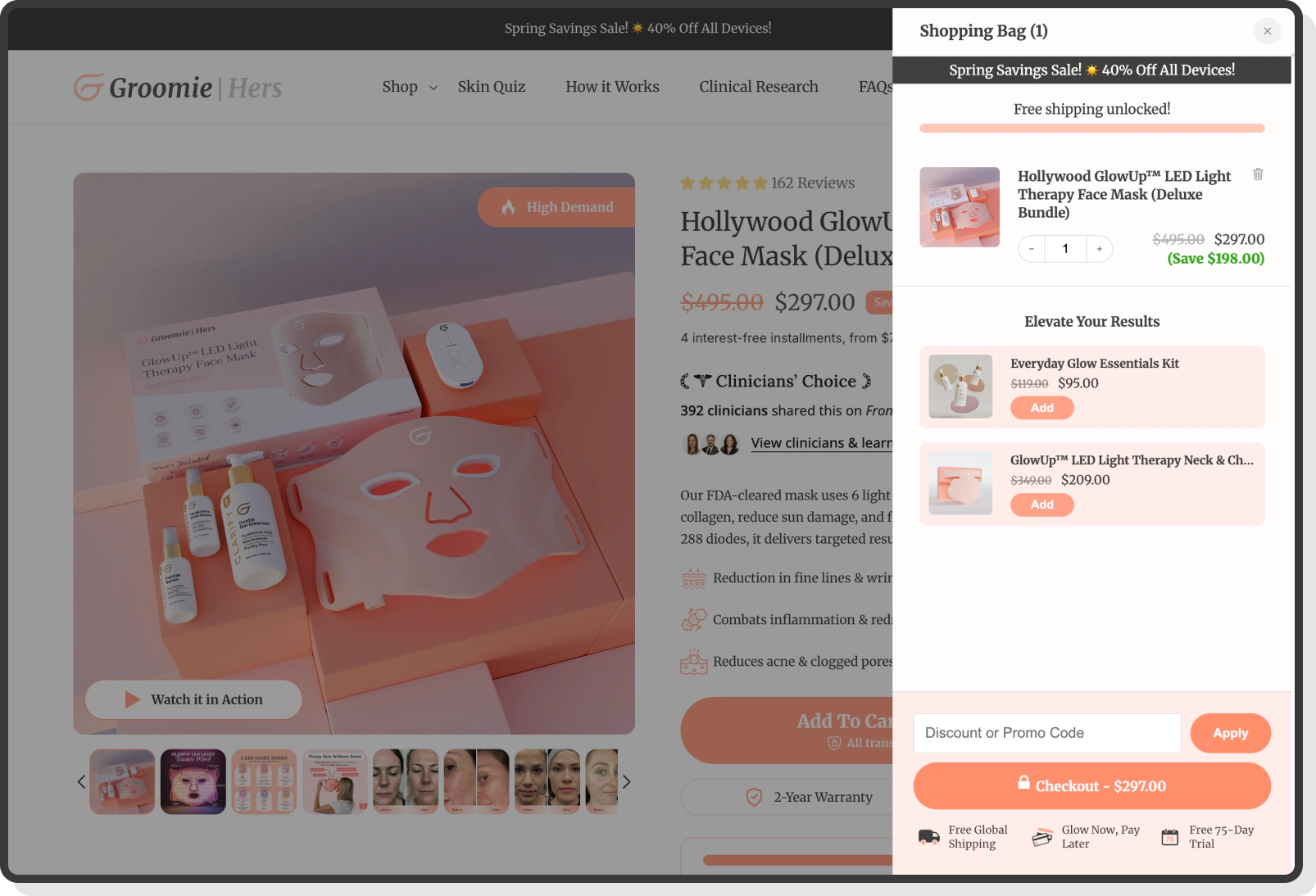 product page with LED mask in cart and upsell bundle offers