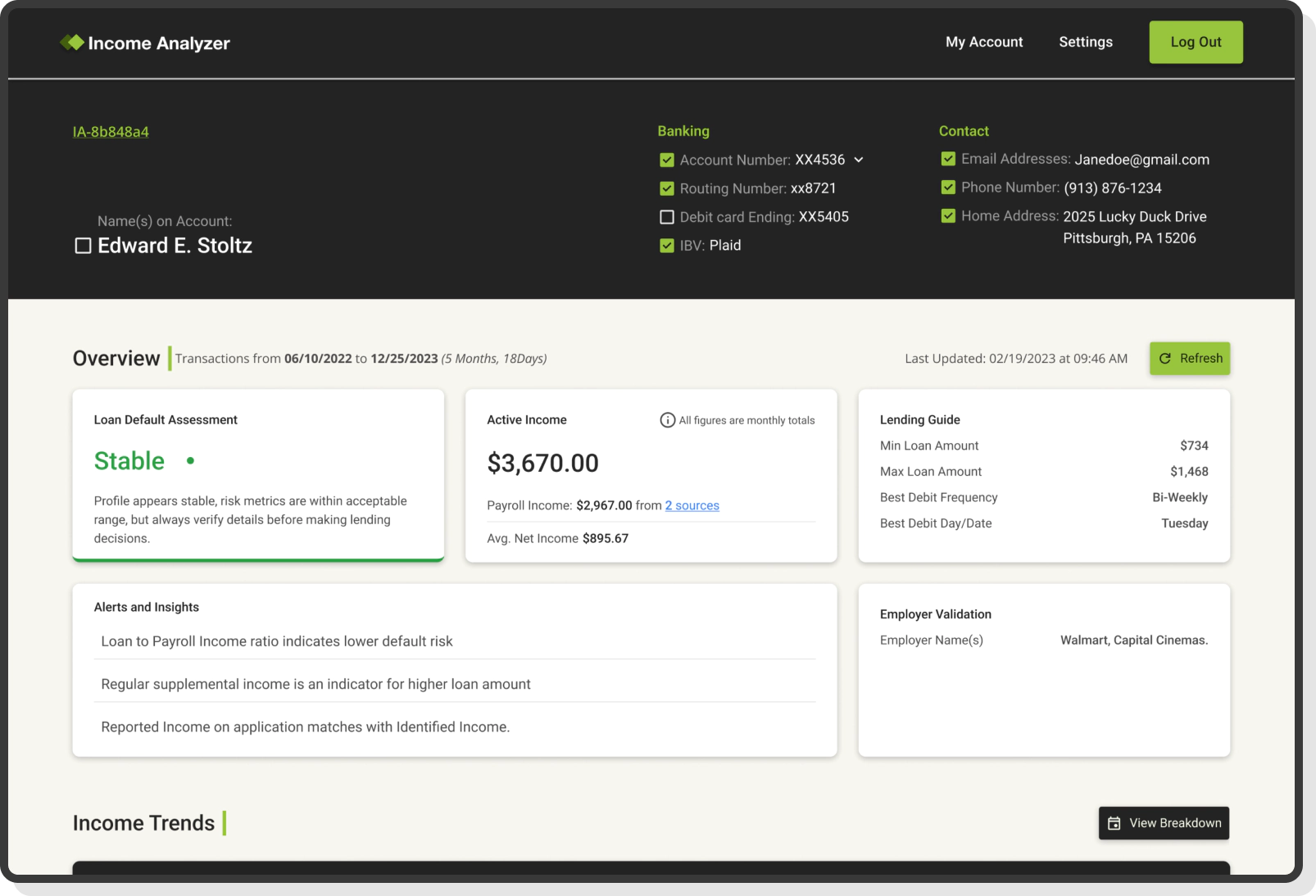 income summary with loan default risk and employer validation