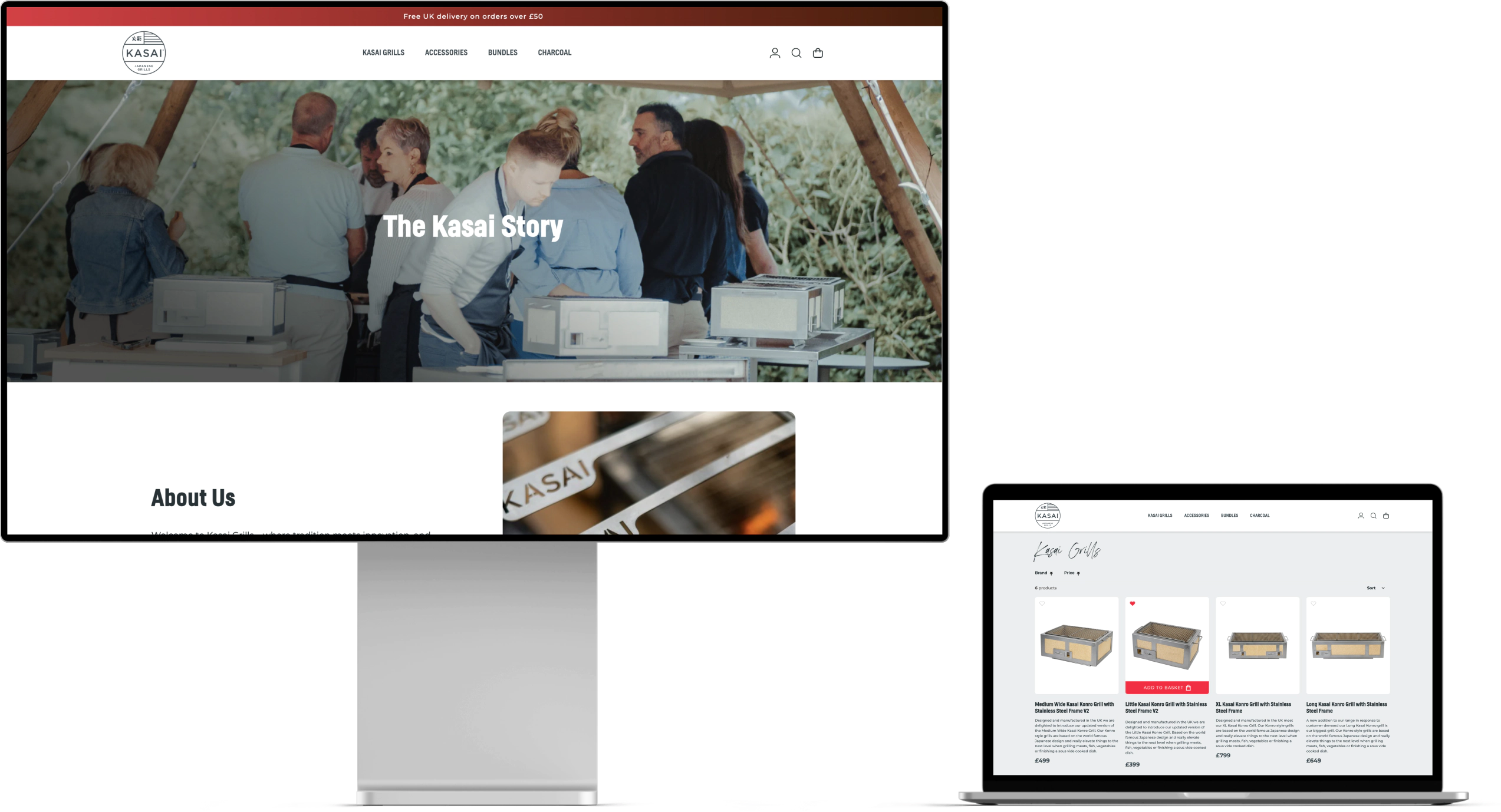 Kasai Grills story page and product listings on desktop and laptop screens