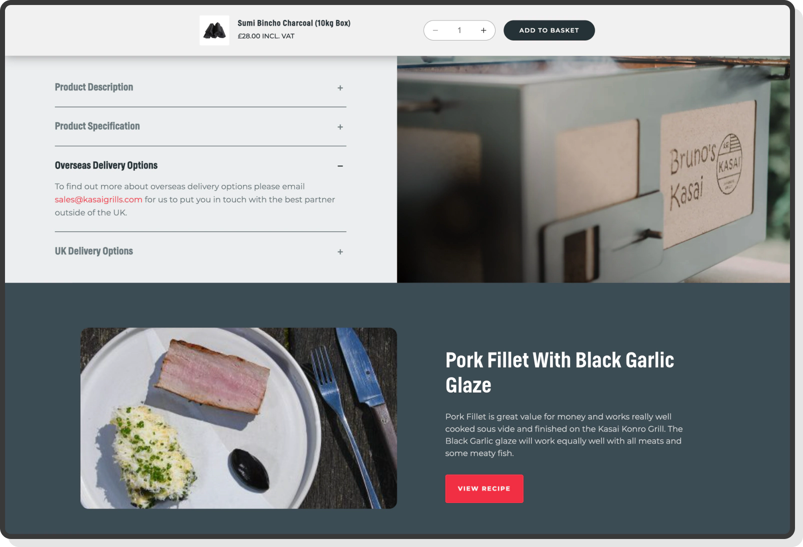 Kasai product page with high-end grills and premium branding visuals