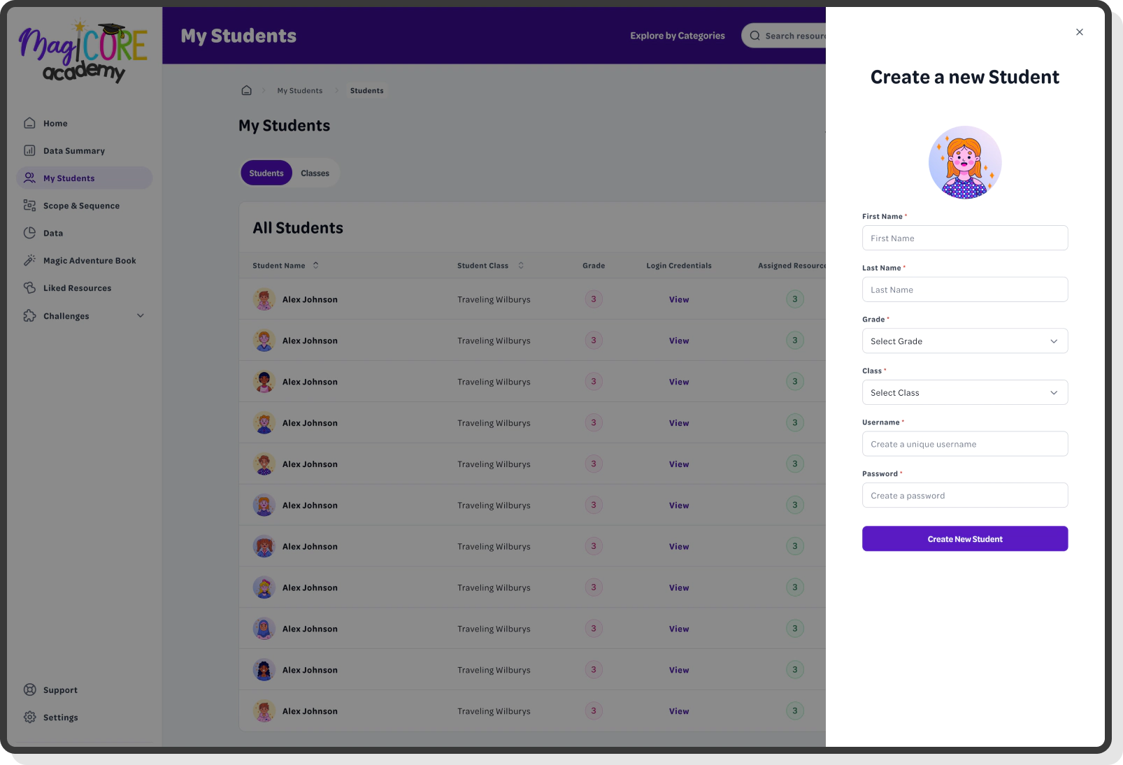 create new student form with student list in background