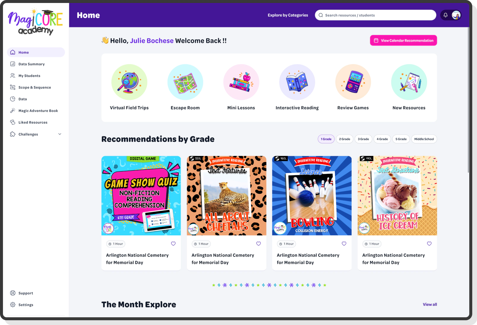 magicore learning dashboard with grade wise recommendations