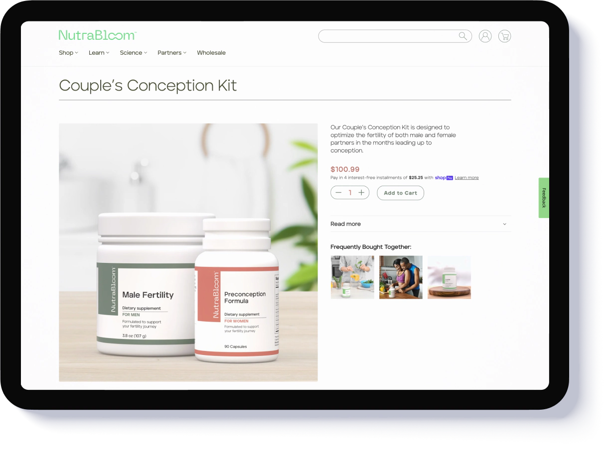 Couple’s Conception Kit product page with fertility supplements