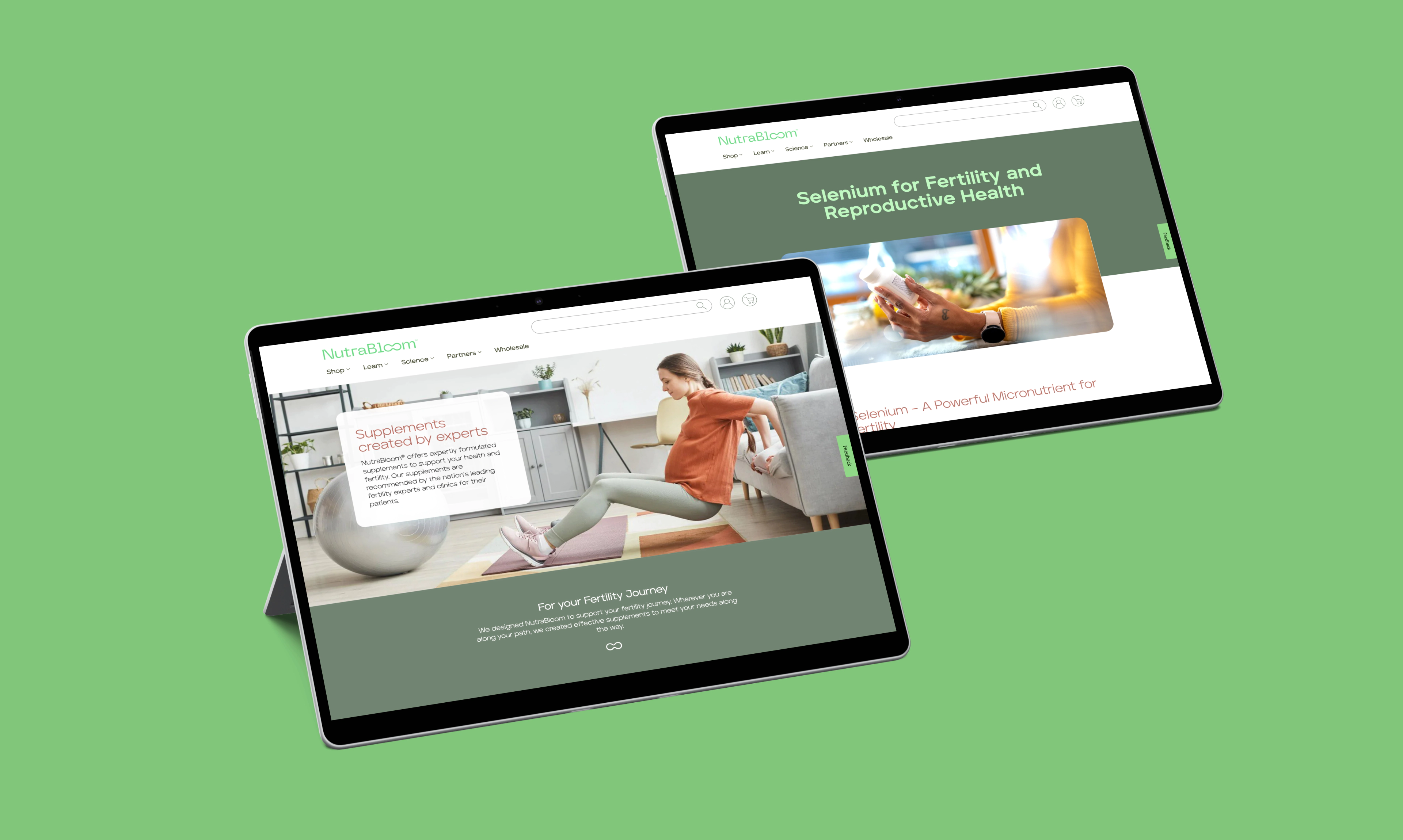 NutraBloom website screens showing fertility supplement info on tablets