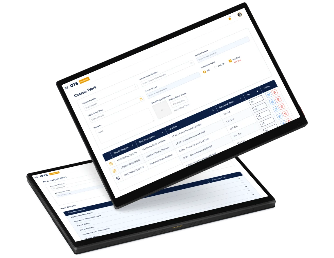 Tablet screens showing chassis work UI