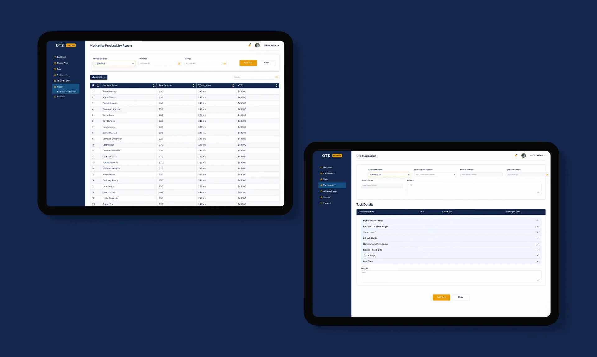 Mechanic report and inspection dashboard UI