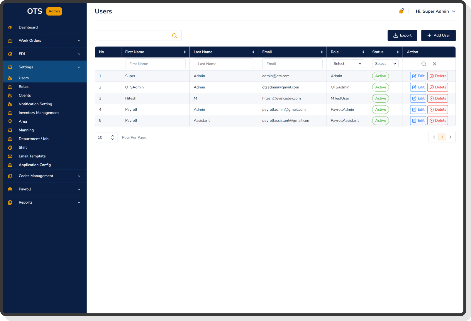 user roles list with active status and edit delete options