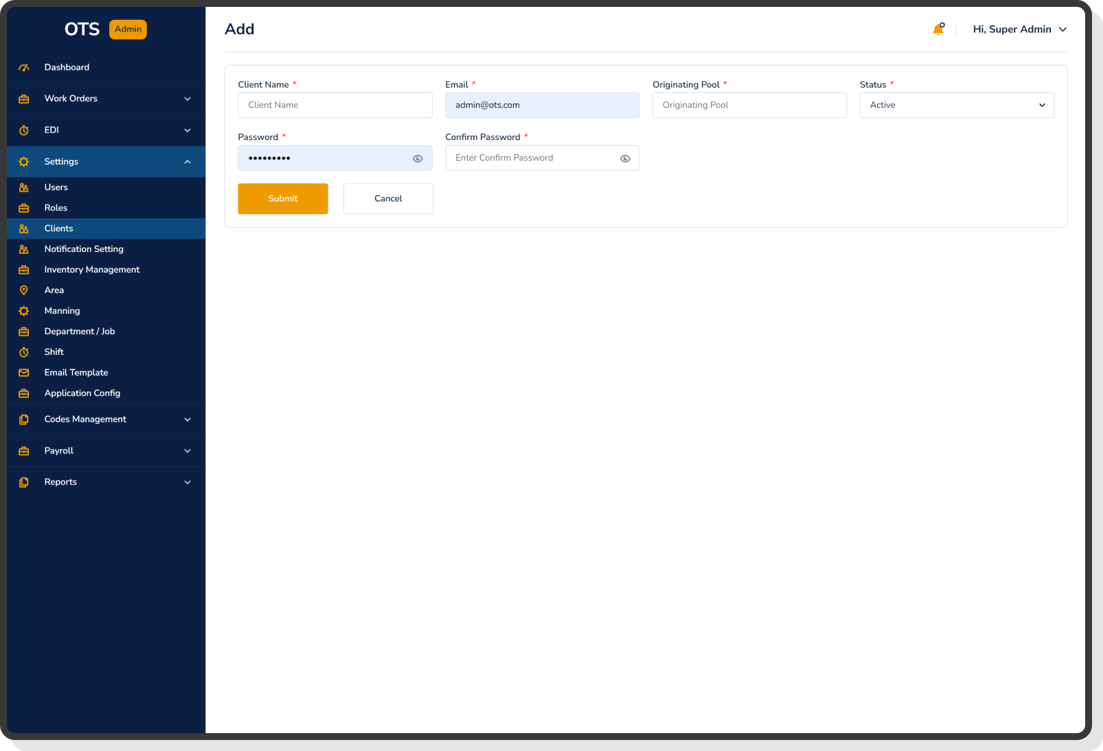 OTS admin panel client creation form