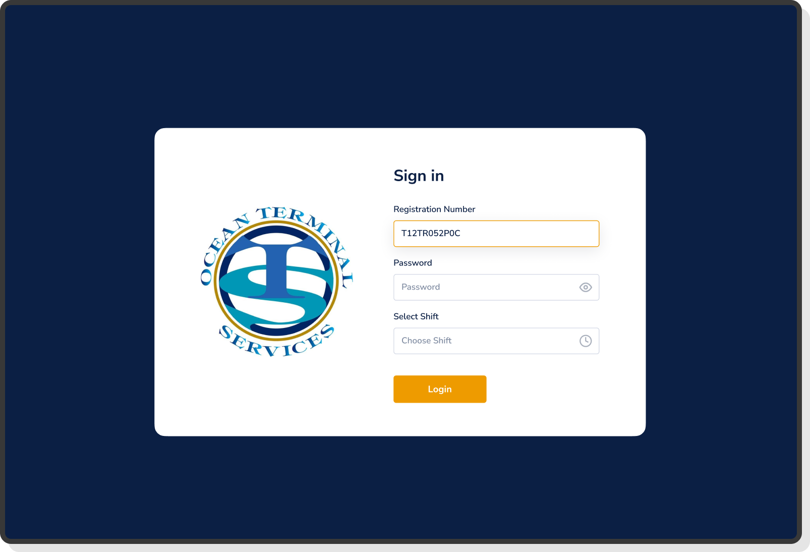 Ocean Terminal Services login screen with registration, password, and shift selection