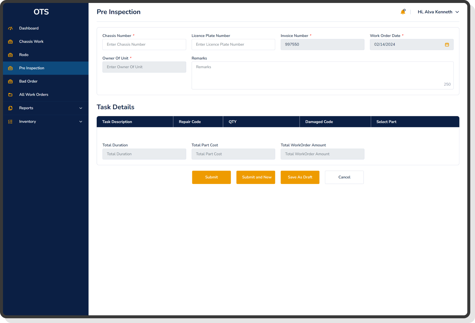 vehicle task entry form with repair code and part details