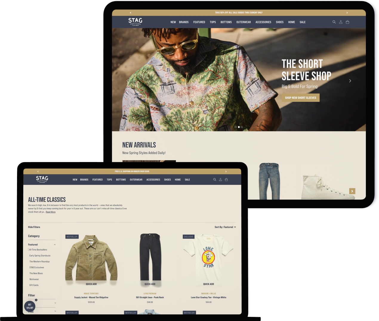 STAG Provisions eCommerce site with product and homepage view