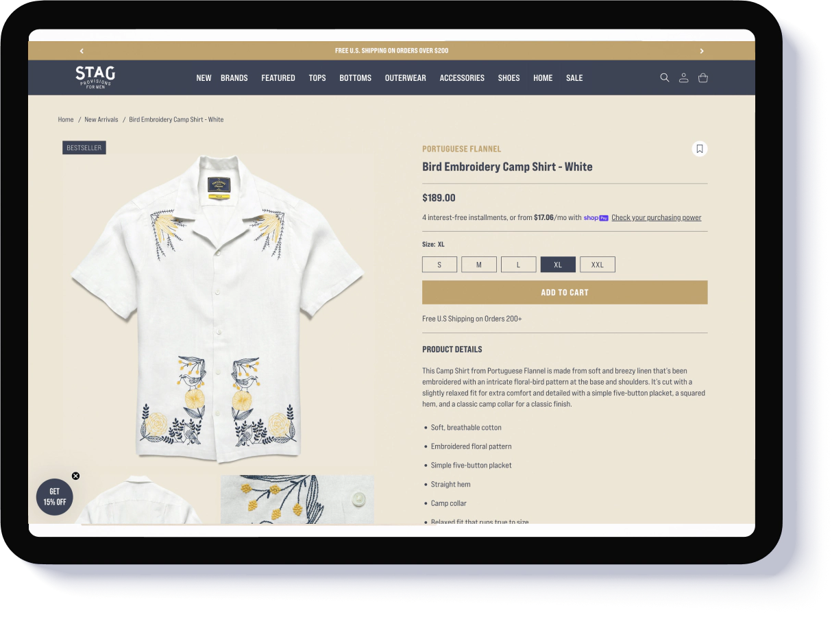 STAG Shopify product page highlighting key eCommerce features