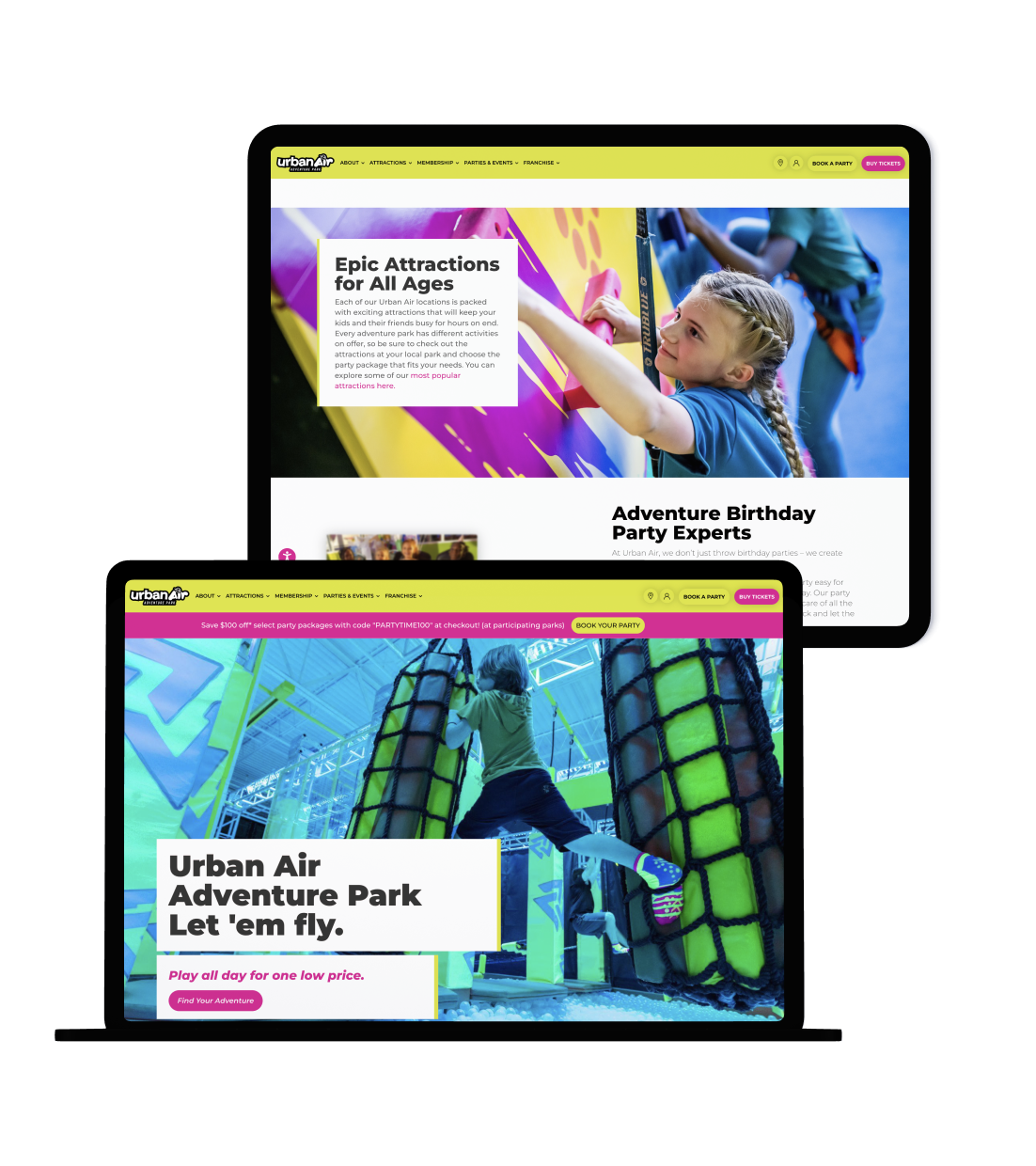 Urban Air site redesign on tablet and laptop screens