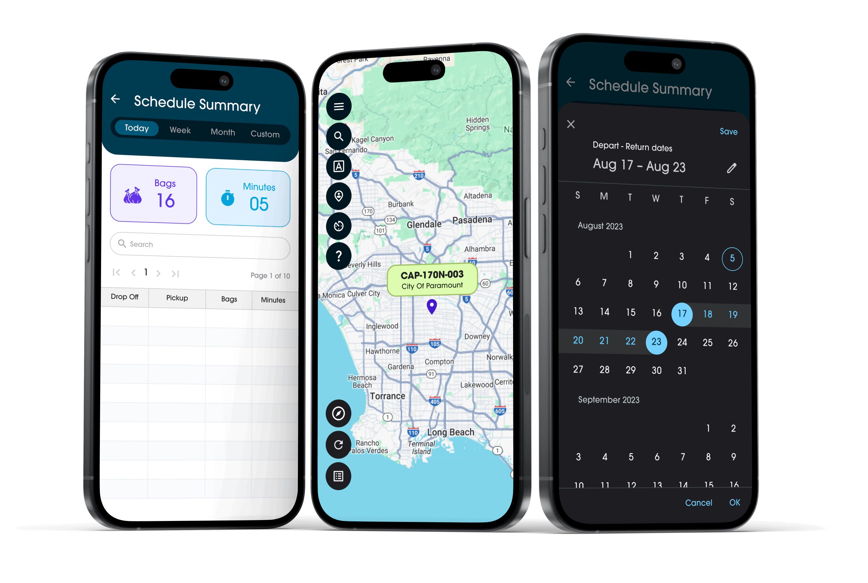 Mobile app UI showing schedule summary, calendar, and location map