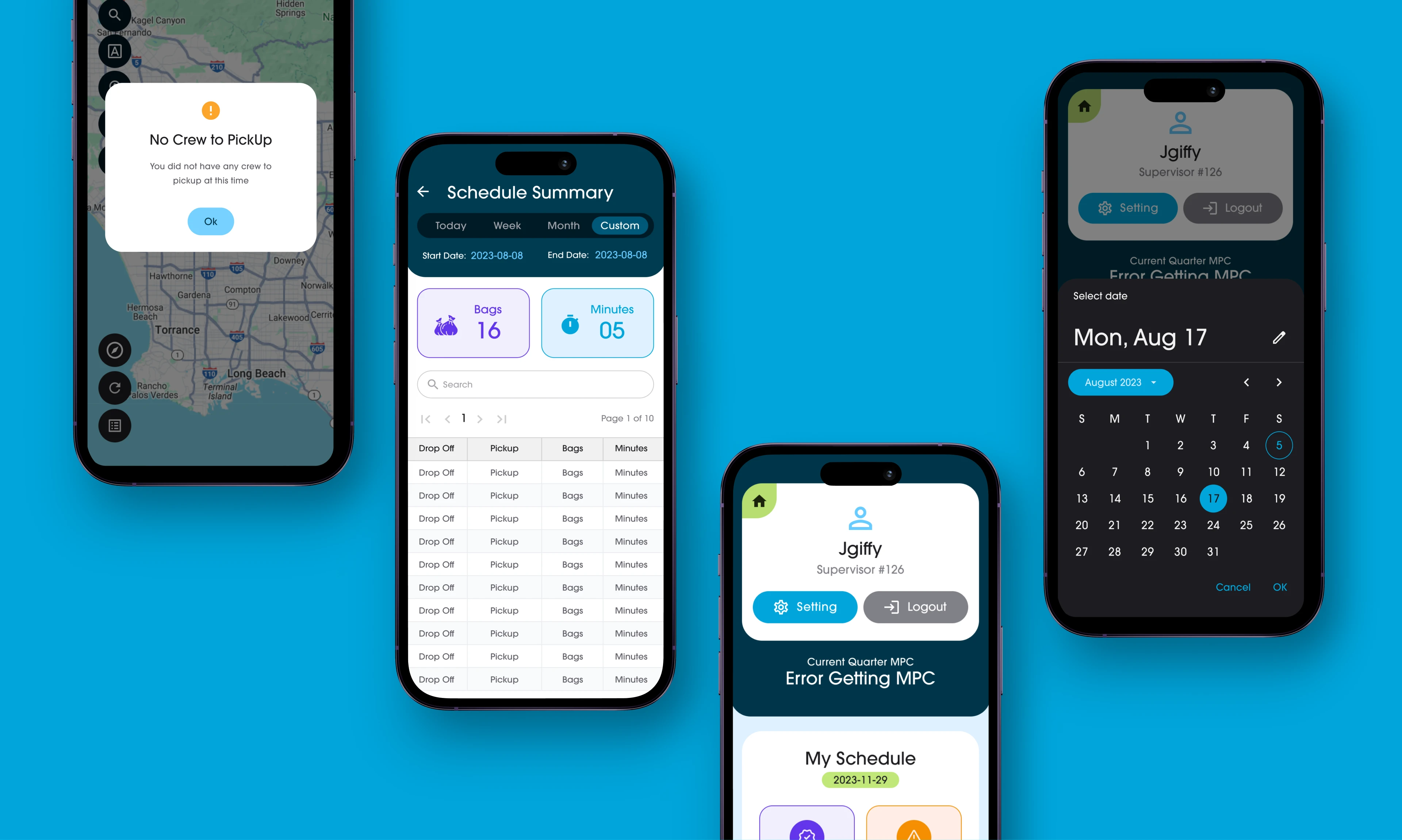 Mobile UI showing pickup alert, schedule summary, and calendar date