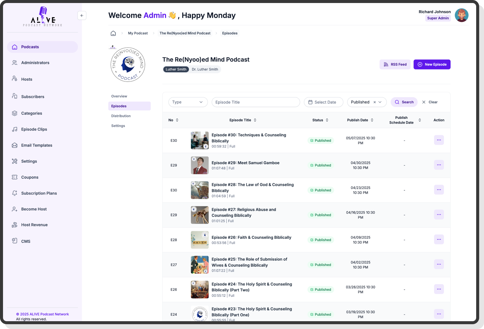 List of podcast episodes with thumbnails, titles, and play buttons