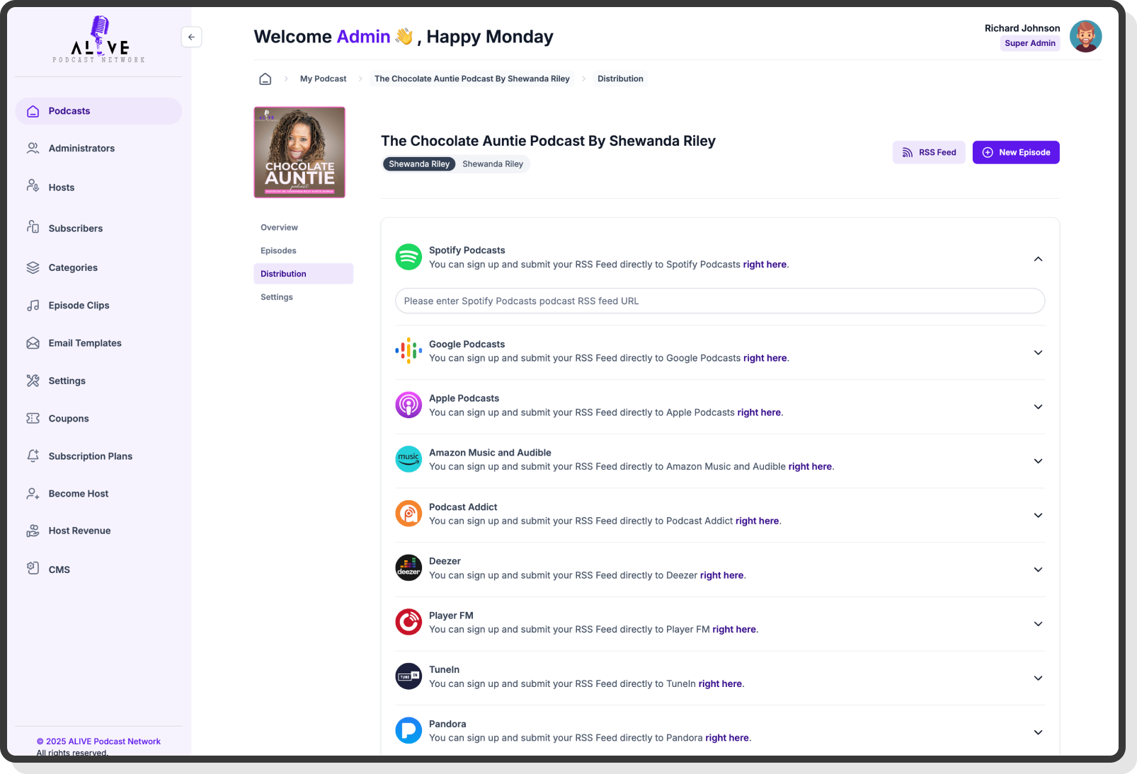 Podcast search results screen with category and filter options