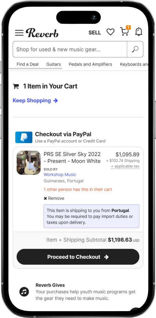 reverb checkout screen with paypal and cart summary