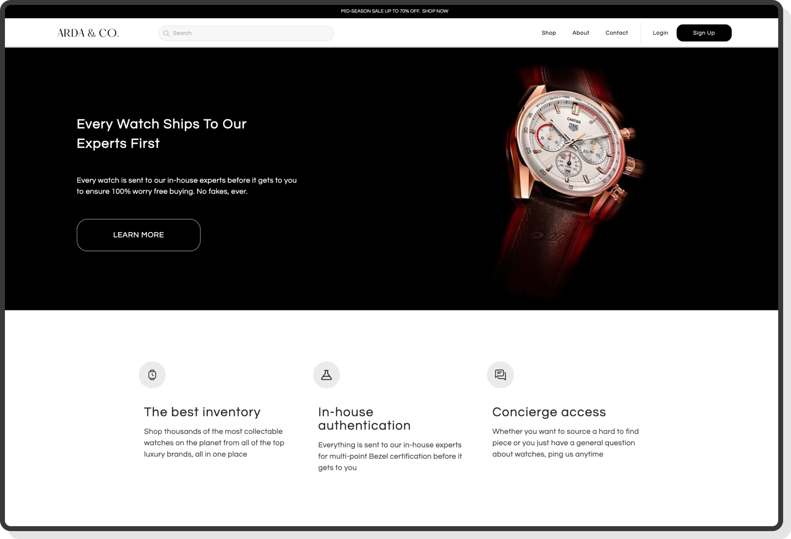 Homepage featuring luxury fashion collection and promotional banners
