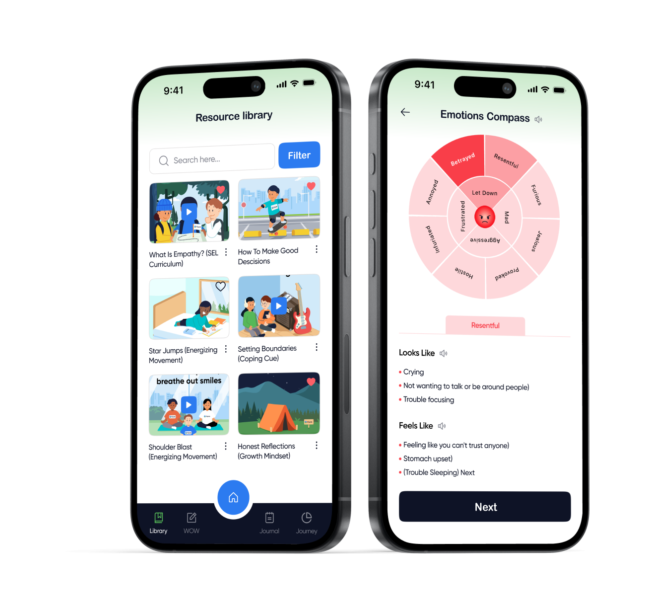 Clymb mobile app showing SEL resource library and emotions compass for kids' mental wellness