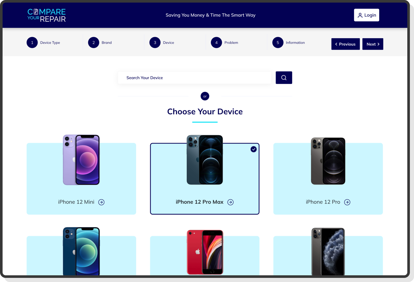 Service category screen showing options for different car repair needs