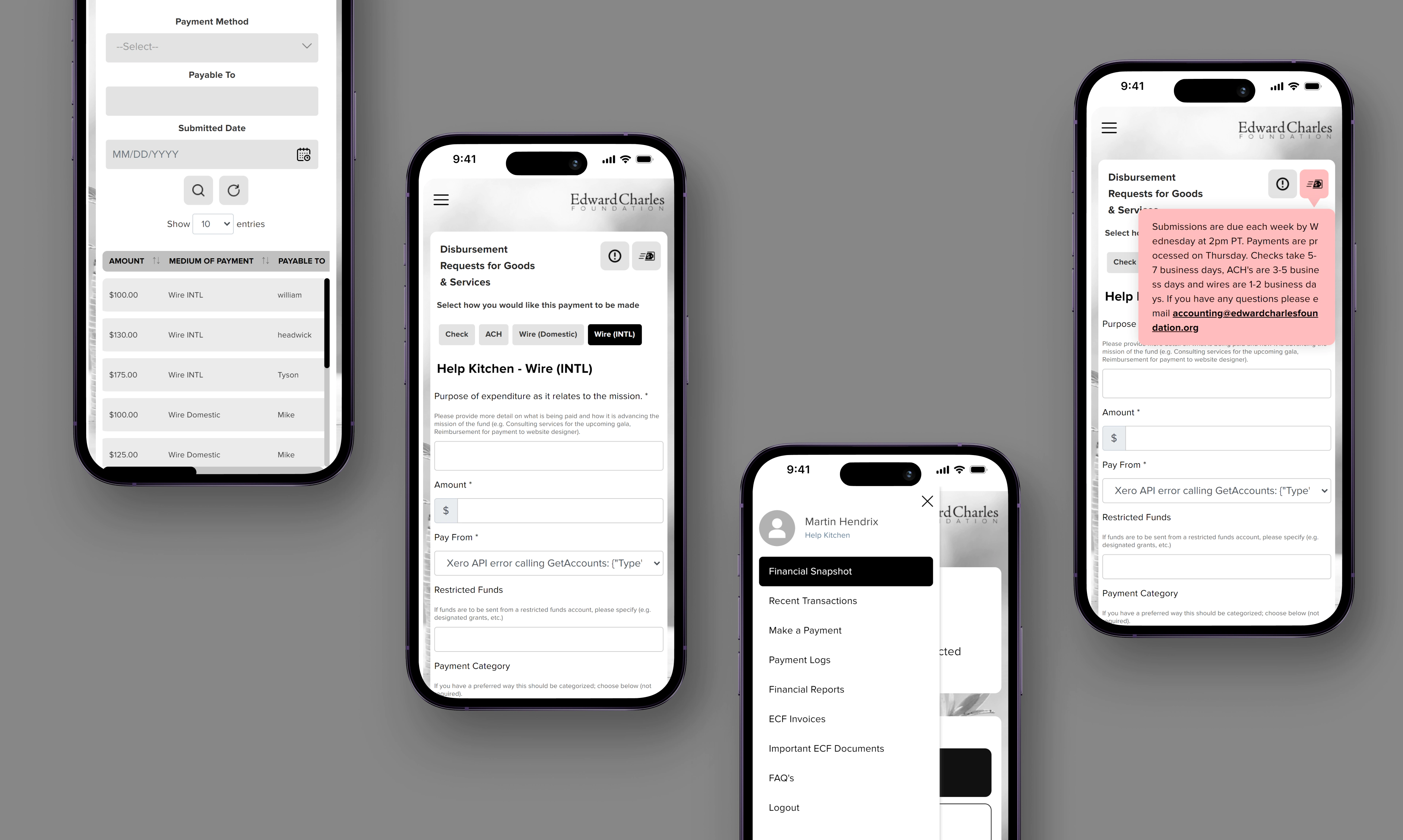 Edward Charles Foundation mobile app payment screens