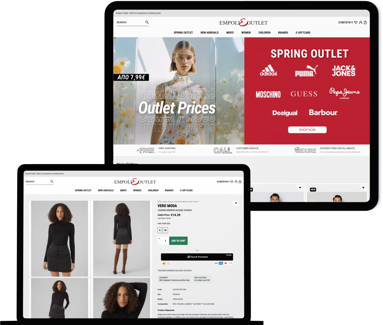 Tablet UI of Empoli Outlet showing Spring Outlet campaign and Vero Moda product view