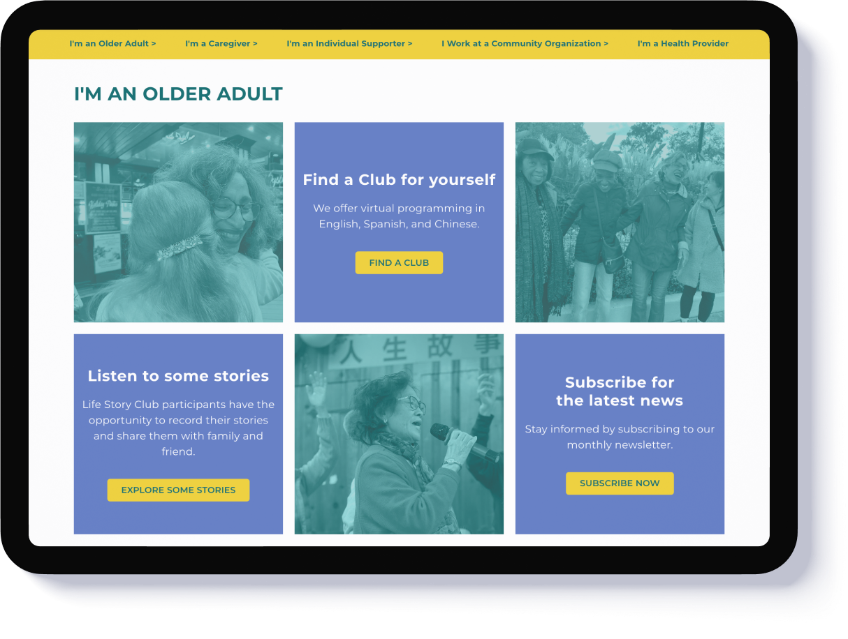 Life Story Club web UI for older adults to join clubs, share stories, and stay connected