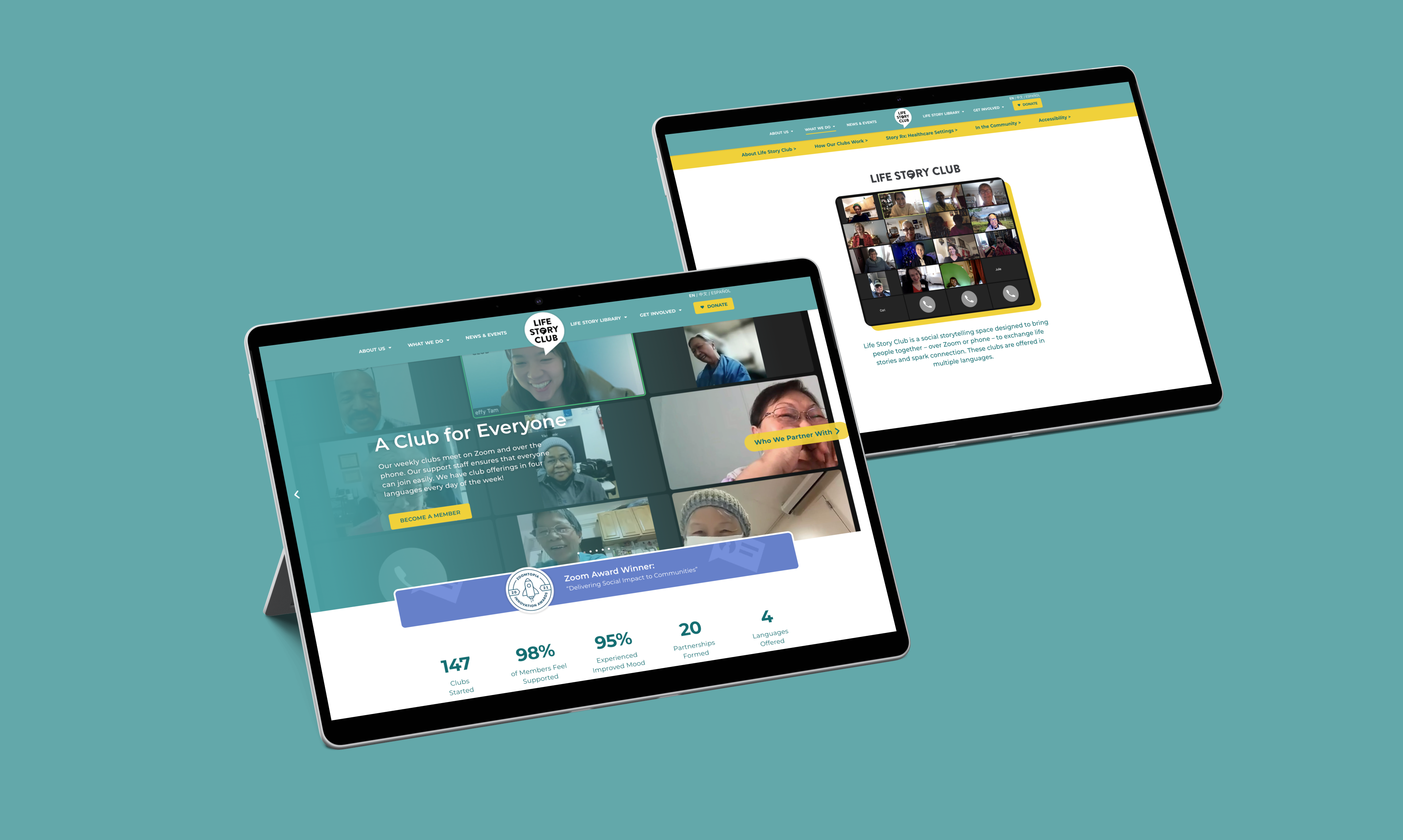 Life Story Club website shown on two tablets with homepage and community page views