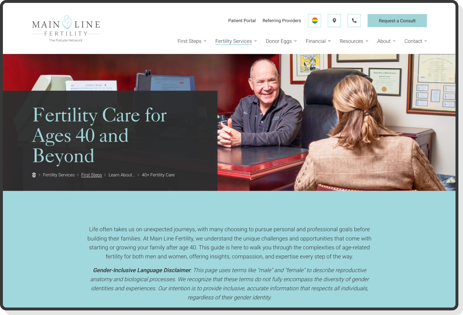 Homepage featuring fertility services, success stories, and CTA sections