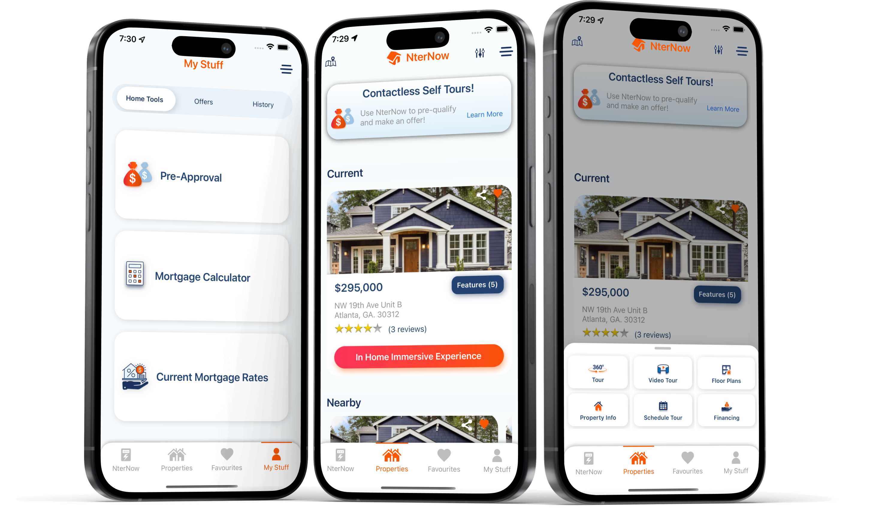 NterNow real estate app interface with self-tour and home tools features