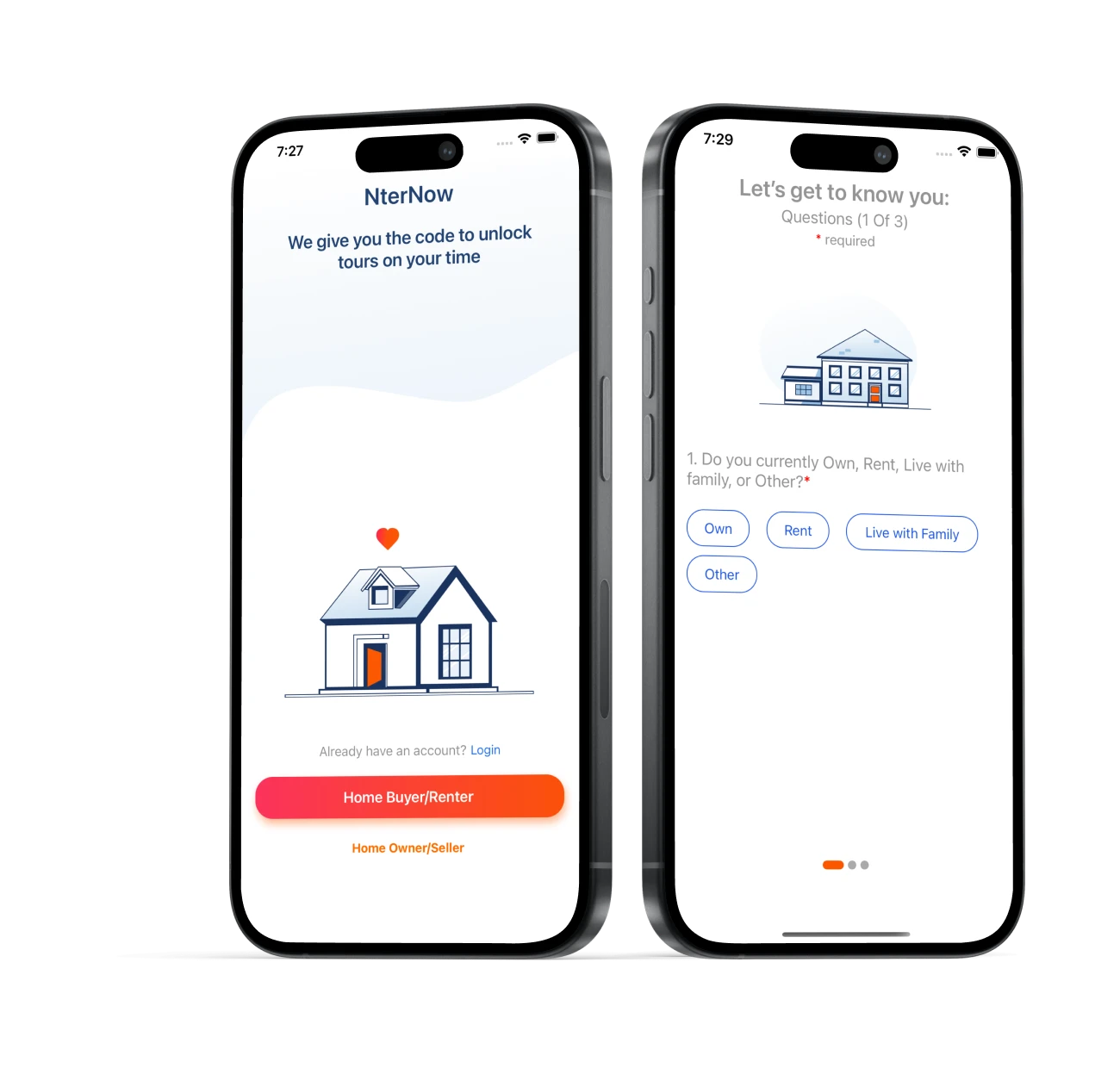 NterNow real estate mobile app onboarding screens for home buyers and renters