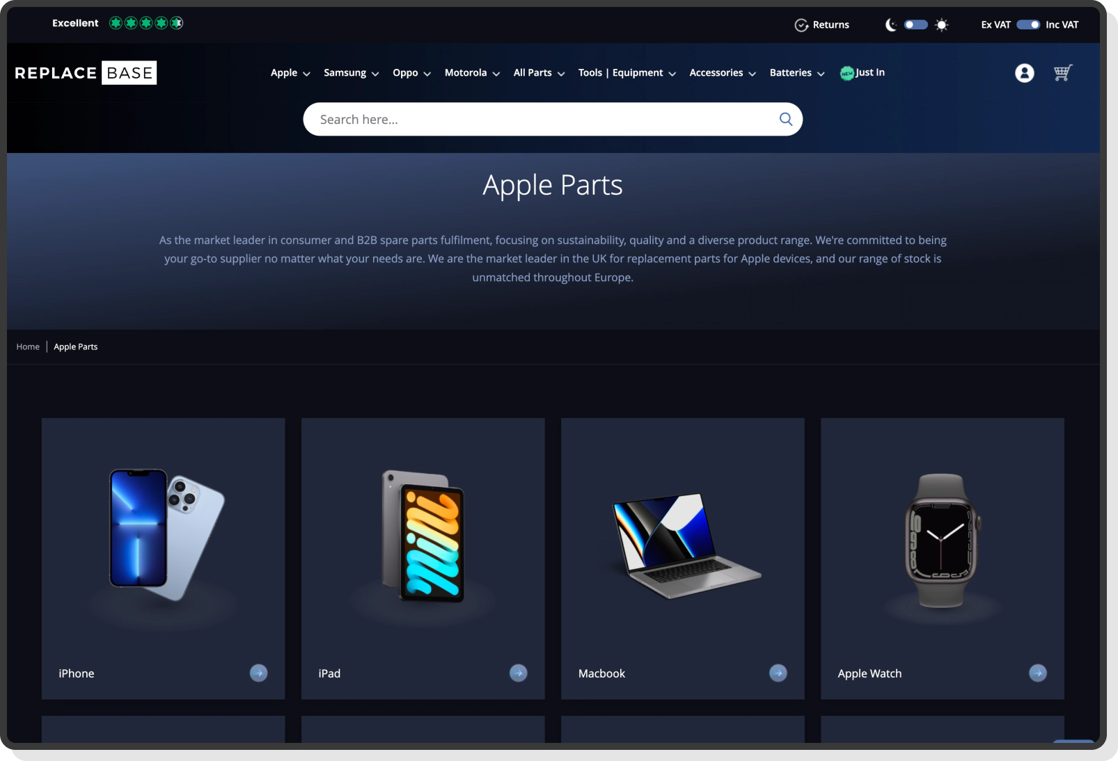 Product detail screen showing technical specs, images, and compatibility