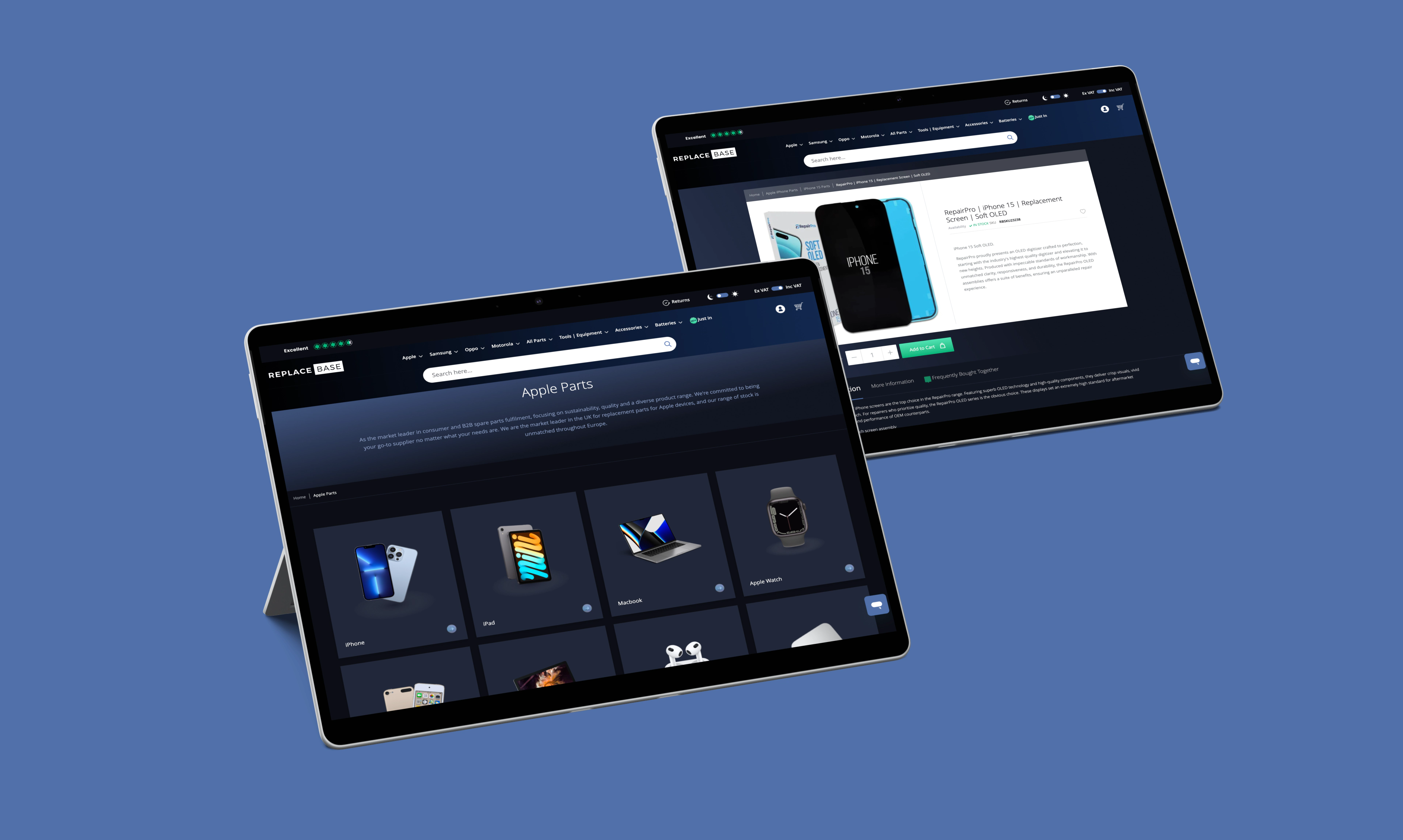 Replacebase Apple device parts and product detail screen on tablets