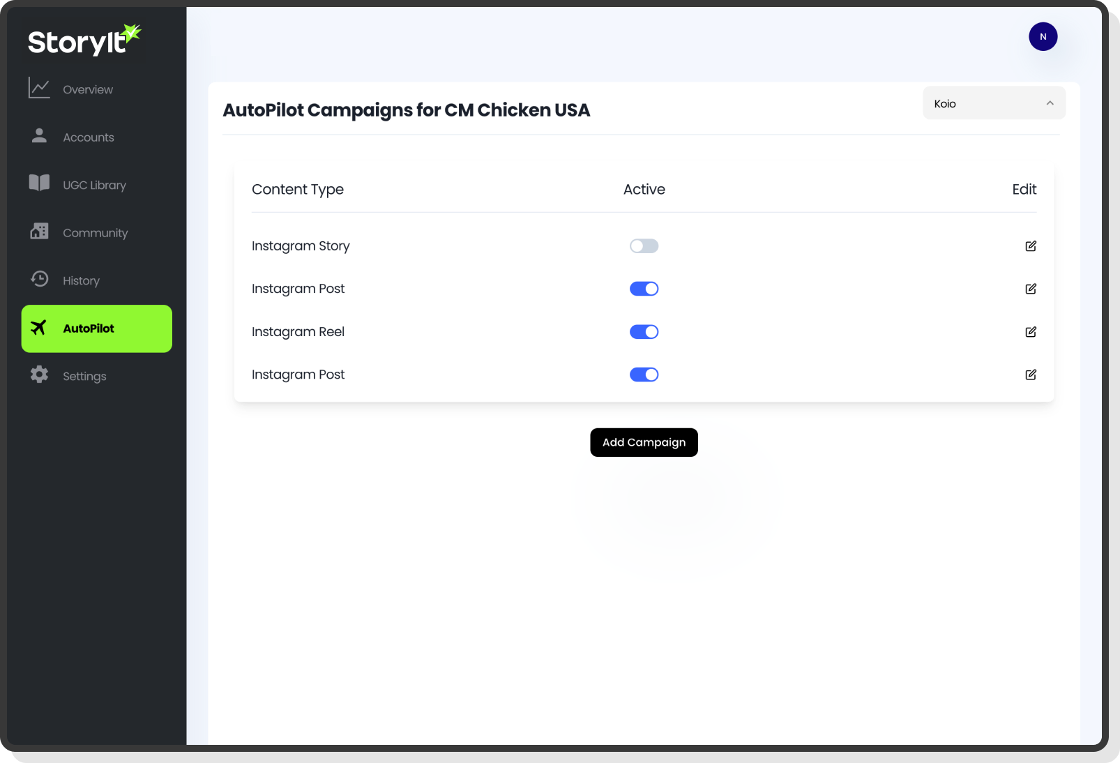 Timeline-based scene editor showing story elements and transitions